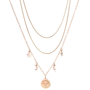 Collar en capas con diseño de sol, luna y estrella, de acero de titanio dorado rosa, cadena para clavícula para mujer, joyería de moda para uso diario - Product Image 5