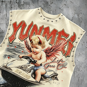 Camiseta de Hombre Moderna, Estilo Vintage, Lavado Ácido, con Detalles de Pedrería, Corte Cuadrado, Sin Mangas, 260 GSM, Sensación Cómoda, Estilo Urbano - Product Image 3
