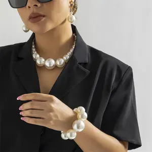 Exaggerated Imitation Pearl Choker Necklaces For Women Wedding Bridal Ornament Pearls Bracelet Earring Fashion Jewelry Accessory