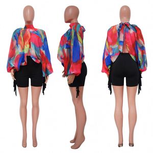 Yi  Promo Spesial 2026 Baru  Blus Wanita Seksi Model Draped Lengan Panjang Berenda Motif Cetak Bahan Sifon untuk Wanita - Product Image 2