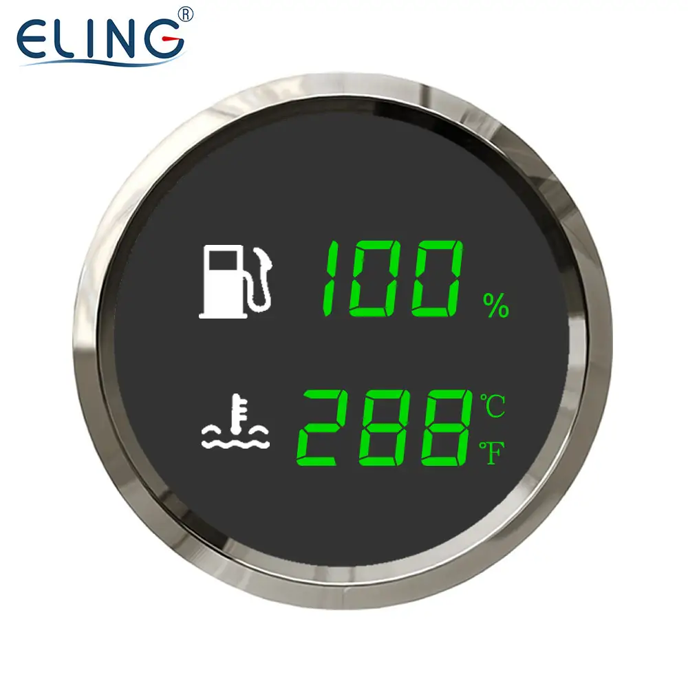 ELING 52mm 2 in 1 Digital Fuel Level Water Level Water Temp. Holding Tank Level Gauge Voltmeter for Auto Vessels ATV RV 12V 24V