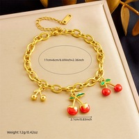 Bracelet à breloques en forme de fruits (cerise, fraise, piment) et pendentif cœur avec fermoir, en acier inoxydable plaqué or