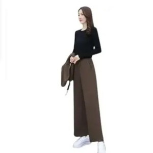 Women's Three Piece Suit Set Hooded Sleeveless Top Wide Leg Pants Casual Wear Black Coffee Color Polyester Knitted - Product Image 5
