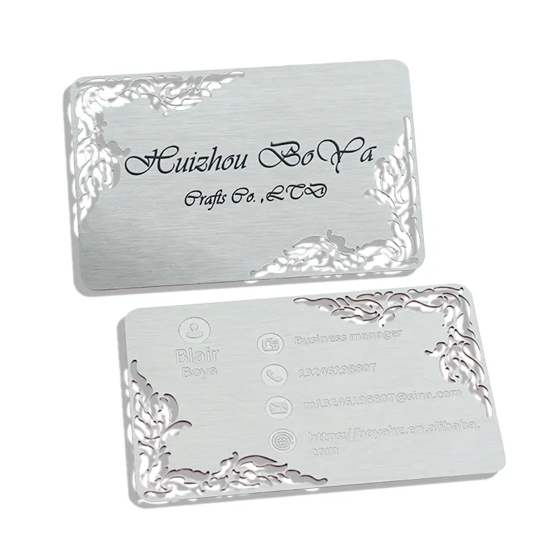 Lazer kazınmış özel Metal paslanmaz çelik kişiselleştirilmiş kazınmış pirinç logosu adı plaka özel iş kartları lüks