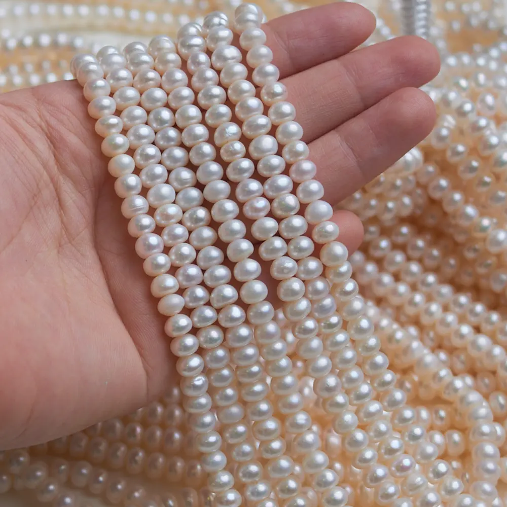 Natural White Color Freshwater Pearl 5-6mm Button Beads Strand Cultured Pearls Factory
