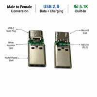 Adaptateur USB Type C vers Micro USB Mâle vers Femelle, Charge USB 2.0, Courant nominal 3A, Non blindé, Plaqué nickel/or