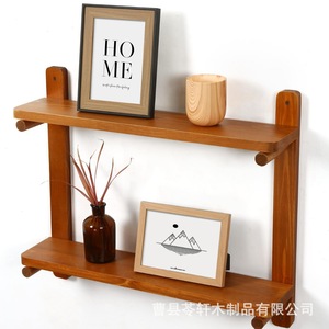 Two-tier wooden <b>wall</b>-<b>mounted</b> <b>shelf</b> for kitchen spice jars and solid wood bathroom cosmetic organizer. - Product Image 1
