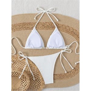 FOXA Women's 2 Piece <b>Bikini</b> <b>Set</b> Halter Triangle With Shell Trim Tie Side <b>String</b> Thong Bathing Suit - Product Image 3