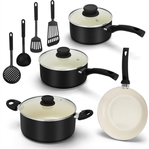 Modern <b>Pots</b>&<b>Pans</b> Bakelite Handles Glass Lids Dishwasher Oven Safe Heat Resistant 11-Piece Ceramic Non-Stick Cookware Set Gas - Product Image 1