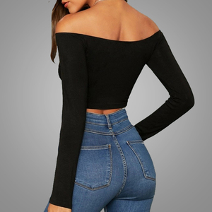 Hot Selling Good Quality Women Plain <strong>Black</strong> Blouse <strong>Tops</strong> Sexy Off Shoulder V Neck Crop <strong>Top</strong> Wholesale - Product Image 4