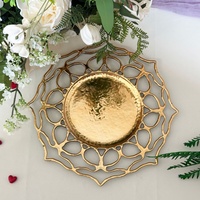 Vente flash, décoration de table de fête de luxe, mariage, sous-plat en plastique, 13 pouces, octogonal, creux, doré, assiette de présentation en plastique