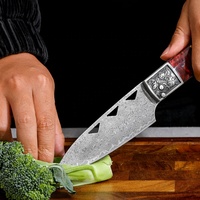 Set Pisau Dapur Jepang Santoku Chef Damascus Lipat dengan Sarung Kulit untuk Berkemah dan Persiapan Makanan