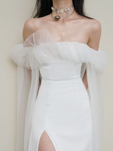 Elegante Vestido de Novia Largo sin Tirantes con Detalles de Diamantes y Abertura, de Cachemira, para Sesión de Fotos de Boda - Product Image 5