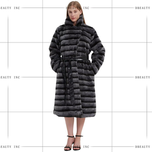 Abrigo de Invierno Impermeable para Mujer, con Solapa de Piel Sintética de Conejo Rex, Cinturón a Rayas, Largo Regular, Estampado, Decoración con Botones, Teñido - Product Image 1