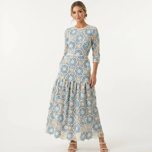 Fabricante de Vestidos Profesionales, Servicio OEM de Ropa Personalizada, Vestido Maxi Elegante Azul con Encaje Floral para Mujer, Vestido de Vacaciones con Volantes - Product Image 2