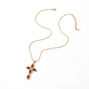 Stainless Steel <b>Necklace</b> With <b>Ruby</b> Cross Pendant 18K Gold Plated Adjustable For Gift - Product Image 4