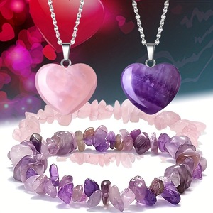 Pulsera de piedras preciosas para mujer, collar de corazón pequeño, conjunto de cadena, explosiones, piedra de amatista semipreciosa Natural, Cruz, estilos de hadas de amor - Product Image 2