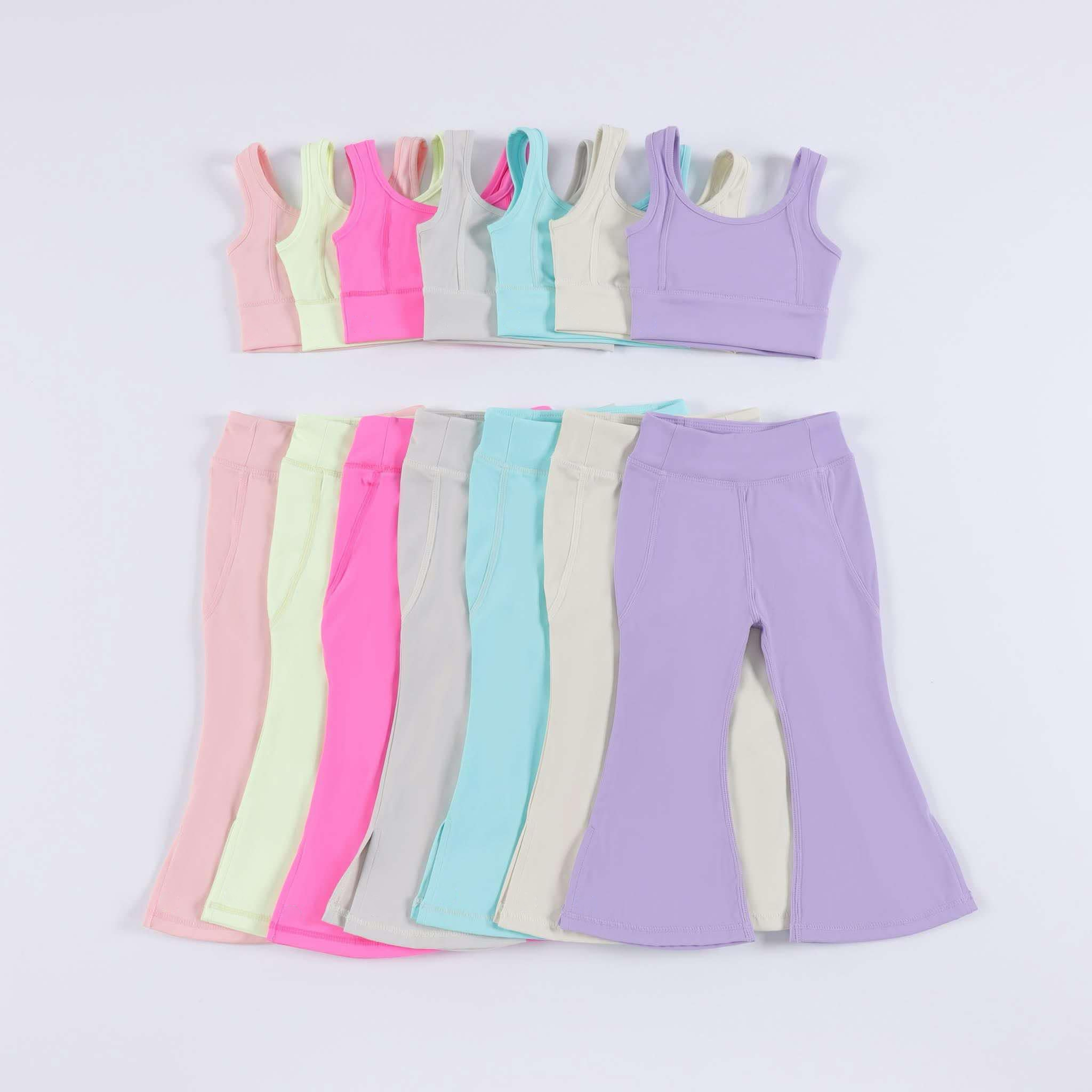 Preorder Little Girls Yoga Wear Solid Color Colorful Teenage Girls Sports Vest Flared Outfits Fashion Wholesale Kids Clothing