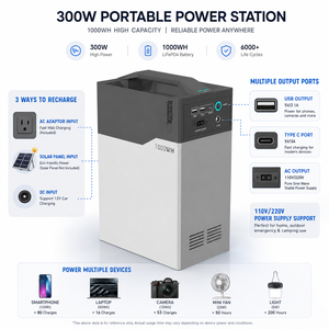 แบตเตอรี่สำรองพกพาสำหรับใช้งานกลางแจ้ง 220V 300W กระแสไฟสูง พร้อมระบบ MPPT คลื่นไซน์บริสุทธิ์ สำหรับการเดินทางด้วยรถยนต์ แคมป์ปิ้ง 300W-1000WH 300W- - Product Image 2