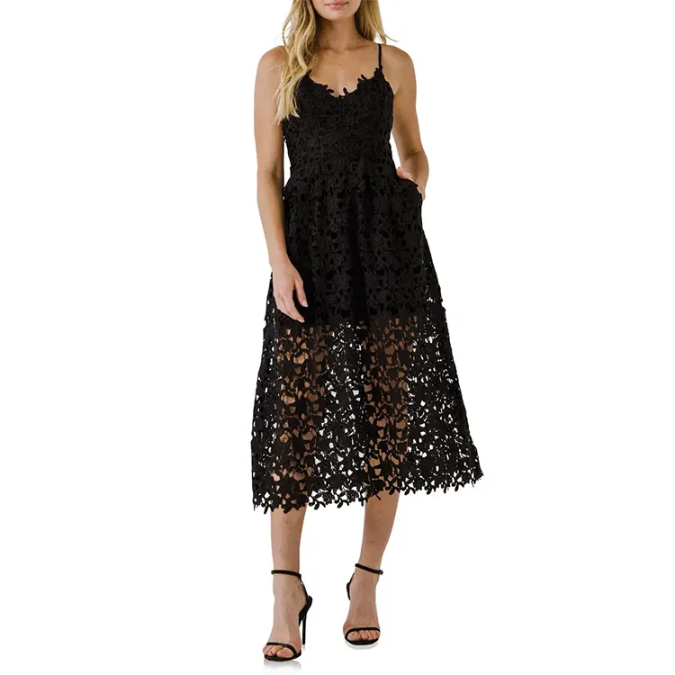Elegant Fashion Dress A-Line Black Lace Dresses Women 2022 V Neck Adjustable Spaghetti Strap Summer Midi Dress