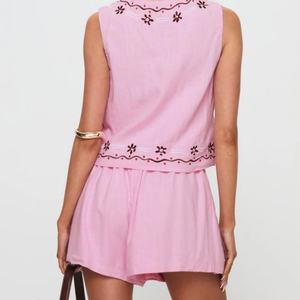 Conjunto de Dos Piezas de Lino Casual para Mujer, Estilo Nuevo y Moderno, Top Sexy sin Mangas y Pantalones Cortos con Bordado, Informal y a la Moda - Product Image 2