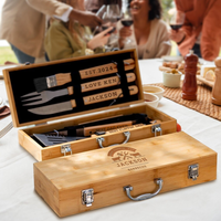 Coffret d'ustensiles de barbecue en bambou gravé sur mesure – Étui personnalisé pour outils de grillade – Cadeau pour papa, témoin de mariage, entreprise, ou pour l'inauguration d'une maison