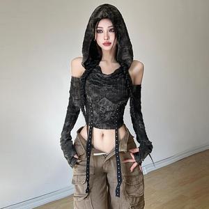 2025 verano <span class=keywords><strong>manga</strong></span> <span class=keywords><strong>larga</strong></span> con capucha camisetas fuera del hombro Sexy Harajuku camisetas mujeres Y2k moda estética Streetwear cinturón Crop Top - Product Image 2