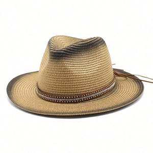 Custom Unisex Vintage Ombre <b>Printed</b> <b>Paper</b> Straw <b>Sun</b> Hat New Trendy Panama Style with Rivet Belt for Outdoor Beach & Travel - Product Image 5