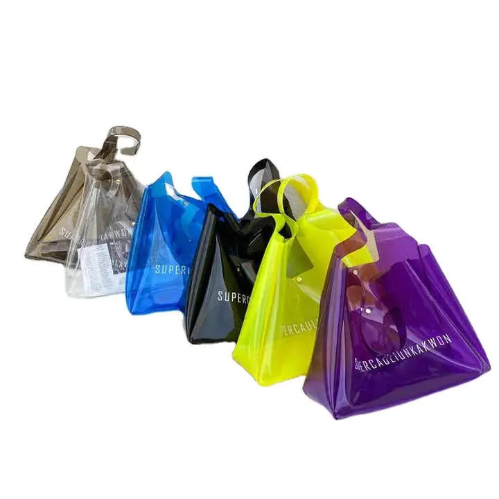 Vente en Gros de Grands Sacs de Plage Personnalisés Imperméables de Couleur Unie Sac Fourre-Tout Transparent en Pvc avec Bouton et Logo Imprimé