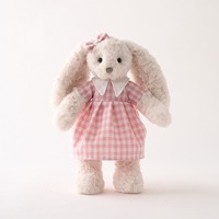 Peluche Lapin Bouclé Beige-Gris Rose avec Oreilles Mobiles, en Polyester et Coton PP, Portant une Jupe à Carreaux, Poupée Apaisante pour Anniversaire d'Enfant