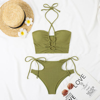 Ensemble bikini côtelé 2 pièces pour femme, haut dos croisé et bas échancré ajouré