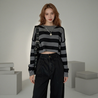 Pull tricoté vintage pour femme à manches longues, col rond, décontracté, hauts d'automne, pull rayé anti-plis