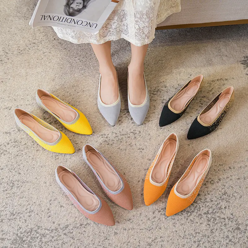 Wholesale Foldable Dress Slip on Shoes Pointed toe Fly flexible durable knit Women's Flats Pumps