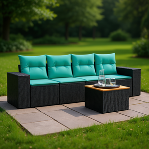 Poly Rattan Patio <b>Sofa</b> <b>Set</b> With Cushions Black Outdoor Garden Furniture Contemporary Style 5 Piece <b>Set</b> - Product Image 2