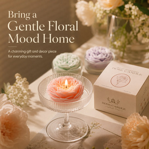 Aesthetic Hand Sculpted Peony Rose Scented <strong>Candle</strong> Tall Fluted Clear Glass Stem Pedestal Vessel Cream <strong>Linen</strong> Table <strong>Fresh</strong> Flower - Product Image 2