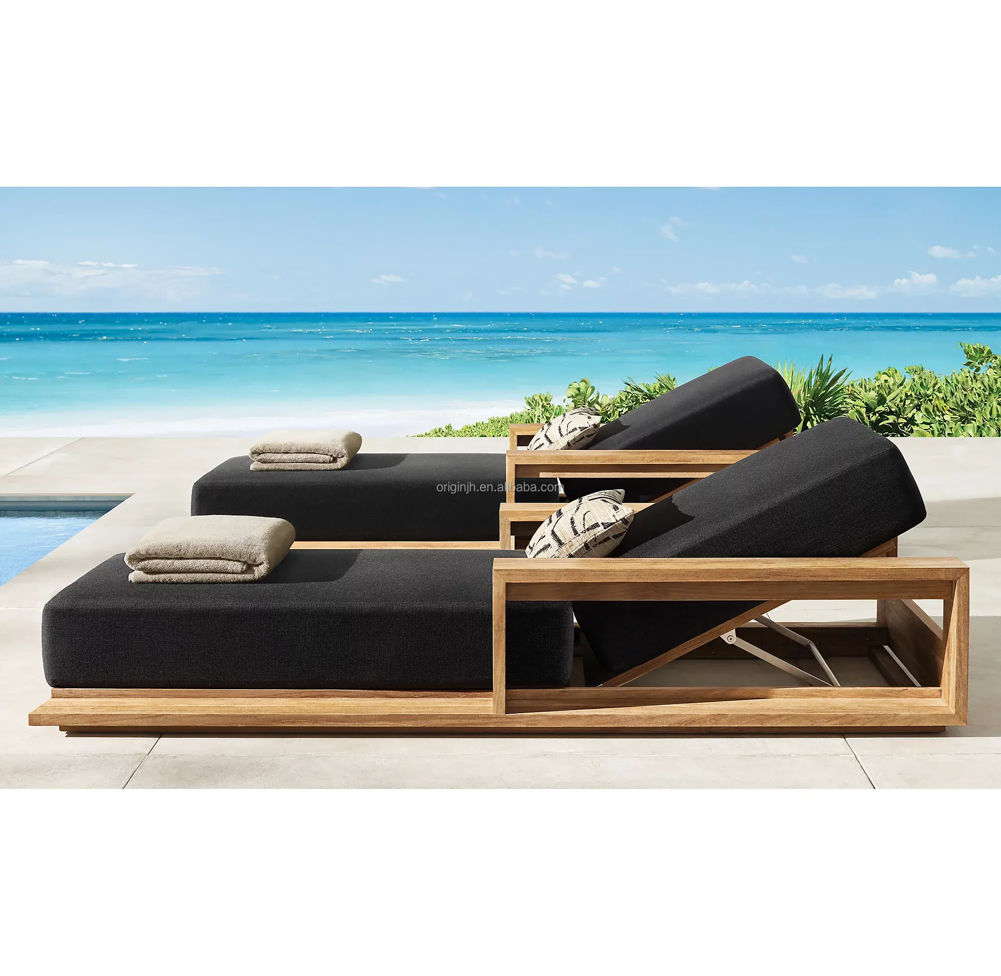 Minimalistische Ontwerp Outdoor Leisure Daybed Enorme Armsteun Flexibele Rugleuning Meubels Teak Hout Chaise Lounge