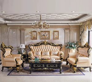 Ensemble de canapés en cuir véritable européen, cadre en bois massif, chaise longue sculptée double face, canapé de salon pour la maison et l'hôtel - Product Image 2