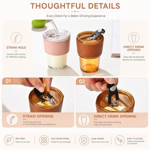 Custom Logo 400ml Glass Coffee <b>Cup</b> <b>with</b> PU Leather Sleeve Reusable Drinking Tumbler <b>with</b> <b>Straw</b> <b>and</b> <b>Lid</b> for Promotional Gifts - Product Image 4