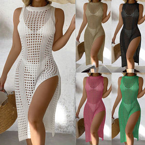 Al por mayor Blusa de playa tipo vestido de cubierta de bikini de color liso con estampado a cuadros, sexy, calado, con protección solar, con logo frontal, 1 pieza, con tanga - Product Image 3