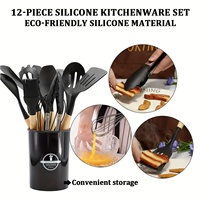 Accessoires de Cuisine et de Maison Antiadhésifs Haute Résistance à la Chaleur, Ensemble de 12 Ustensiles de Cuisine en Silicone Alimentaire avec Manche en Bois