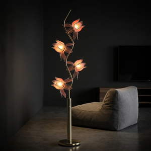 Designer Home Lotus Flower <b>Floor</b> <b>Lamp</b>, Curvy <b>Gold</b> Metal Pole 4pcs Pink Acrylic Flower Shade Ambient Standing <b>Lamp</b> - Product Image 1