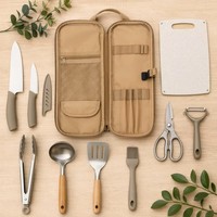 Ensemble d'ustensiles de cuisine de style traditionnel pour le camping en plein air, 10 pièces, kit de cuisine portable, couteau en céramique, planche à découper, ciseaux, pinces
