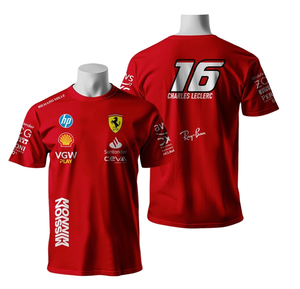 Abbigliamento da <span class=keywords><strong>uomo</strong></span> # T-Shirt da Corsa F1 Charles Leclerc 16 - 100% Poliestere, Tessuto Lavato, Logo Personalizzato Stampato, Traspirante, Asciugatura Rapida, OEM - Product Image 2