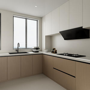 Gabinetes de Cocina Modernos Minimalistas Estilo Madera en Forma de L, Base de Contrachapado con Encimera de Cuarzo y Rieles con Amortiguación - Product Image 1