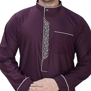 Premium Polyester Viscose Saudi Embroidered <b>Thobe</b>-Breathable Summer Long Sleeve Robe for <b>Men</b> Muslim Traditional Clothing - Product Image 2