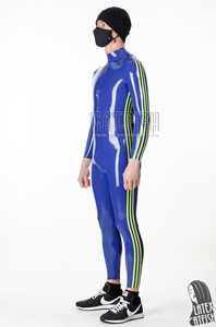 Combinaison en <span class=keywords><strong>latex</strong></span> pour <span class=keywords><strong>homme</strong></span>, bleu royal, triple rayure, fermeture éclair avant à 3 voies, épaisseur 0,4 mm - Product Image 5