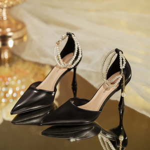 Zapatos de Novia con Tacón de Aguja y Punta Puntiaguda, con Correa de Tobillo con Perlas, Tacones Altos a la Moda, de Color Sólido, para Boda - Product Image 4
