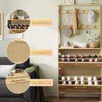 Meuble à chaussures rabattable en rotin avec porte-manteau, organisateur de chaussures d'entrée avec crochets, grande capacité, ton bois naturel