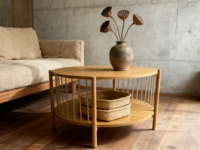 Table basse ronde Combohome pour salon, table à thé en bambou naturel et table d'appoint noire pour canapé en bambou massif