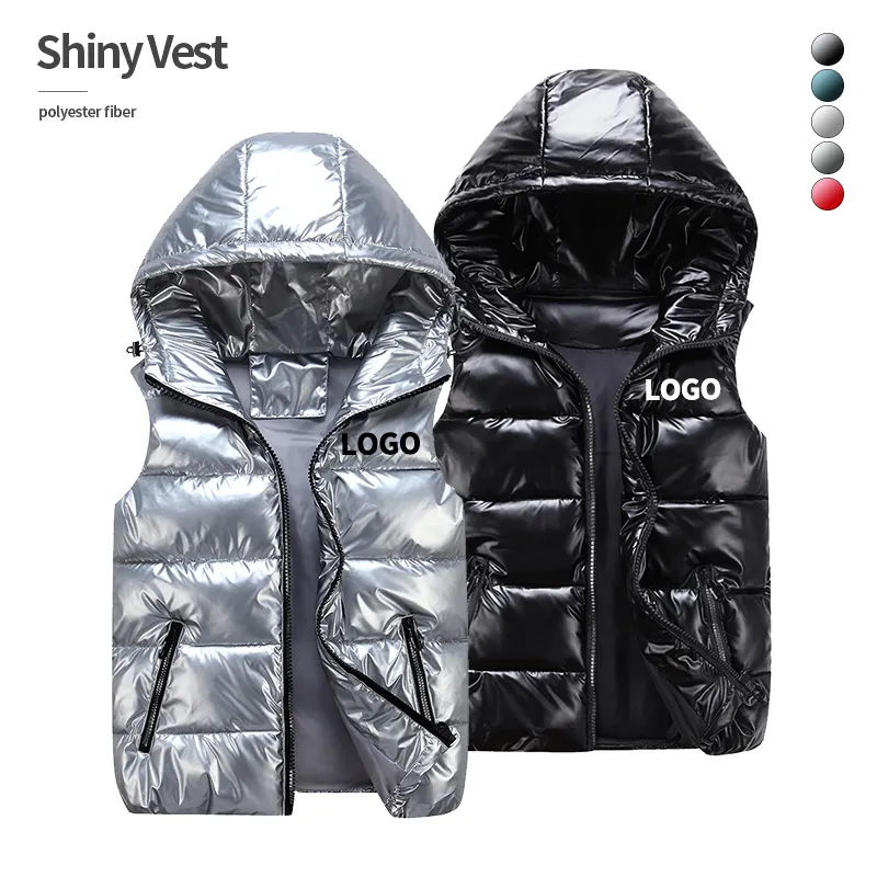 winter sleeveless glossy puffer vest jacket custom logo waterproof shiny bubble Men's vests with hoodie